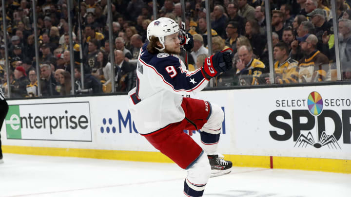 BOSTON, MA – APRIL 27: Columbus Blue Jackets left wing Artemi Panarin (9) reacts to his second goal of the game during Game 2 of the Second Round 2019 Stanley Cup Playoffs between the Boston Bruins and the Columbus Blue Jackets on April 27, 2019, at TD Garden in Boston, Massachusetts. (Photo by Fred Kfoury III/Icon Sportswire via Getty Images)