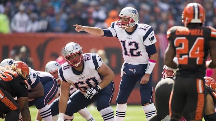 Oct 9, 2016; Cleveland, OH, USA; New England Patriots quarterback Tom Brady (12) yells out at the line of scrimmage against the Cleveland Browns during the first quarter at FirstEnergy Stadium. Mandatory Credit: Scott R. Galvin-USA TODAY Sports