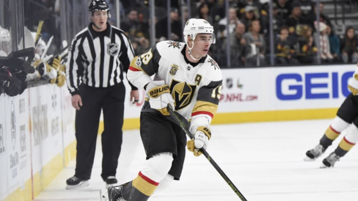 LAS VEGAS, NV - DECEMBER 3: Reilly Smith #19 of the Vegas Golden Knights skates with the puck against the Arizona Coyotes during the game at T-Mobile Arena on December 3, 2017 in Las Vegas, Nevada. (Photo by Jeff Bottari/NHLI via Getty Images)