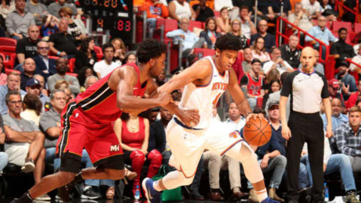 MIAMI, FL – MARCH 21: Isaiah Hicks #4 of the New York Knicks handles the ball against the Miami Heat on March 21, 2018 at American Airlines Arena in Miami, Florida. Copyright 2018 NBAE (Photo by Issac Baldizon/NBAE via Getty Images)