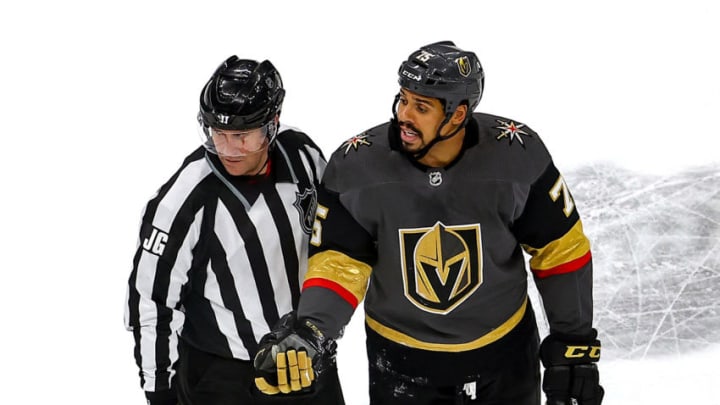Ryan Reaves #75 of the Vegas Golden Knights argues after being called for a game misconduct penalty after hitting Tyler Motte (not pictured) of the Vancouver Canucks during the second period in Game Seven. (Photo by Bruce Bennett/Getty Images)