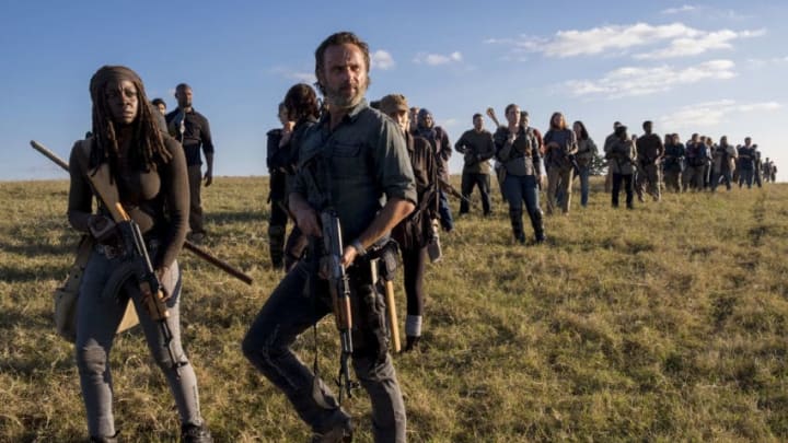 Danai Gurira as Michonne, Andrew Lincoln as Rick Grimes, Christian Serratos as Rosita Espinosa, Norman Reedus as Daryl Dixon, Melissa McBride as Carol Peletier - The Walking Dead _ Season 8, Episode 16 - Photo Credit: Gene Page/AMC