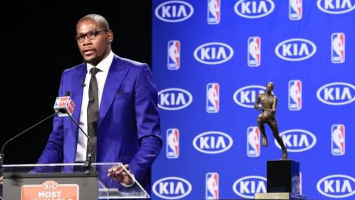 May 6, 2014; Oklahoma City, OK, USA; Oklahoma City Thunder player Kevin Durant speaks after accepting the MVP trophy at Thunder Events Center. Mandatory Credit: Alonzo Adams-USA TODAY Sports May 6, 2014; Oklahoma City, OK, USA; Oklahoma City Thunder player Kevin Durant speaks after accepting the MVP trophy at Thunder Events Center. Mandatory Credit: Alonzo Adams-USA TODAY Sports