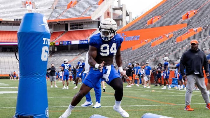 Florida Gators defensive lineman Tyreak Sapp (94) participates in a drill during spring football practice at Steve Spurrier Field at Ben Hill Griffin Stadium in Gainesville, FL on Saturday, April 1, 2023. [Matt Pendleton/Gainesville Sun]Ncaa Football Florida Gators Spring Football Practice