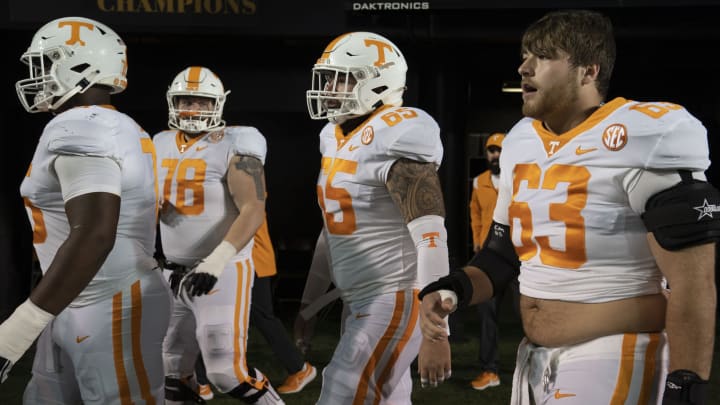 Nov 26, 2022; Nashville, Tennessee, USA;The Tennessee Volunteers take the field for warmups before a game against the Vanderbilt Commodores at FirstBank Stadium. Mandatory Credit: George Walker IV – USA TODAY Sports