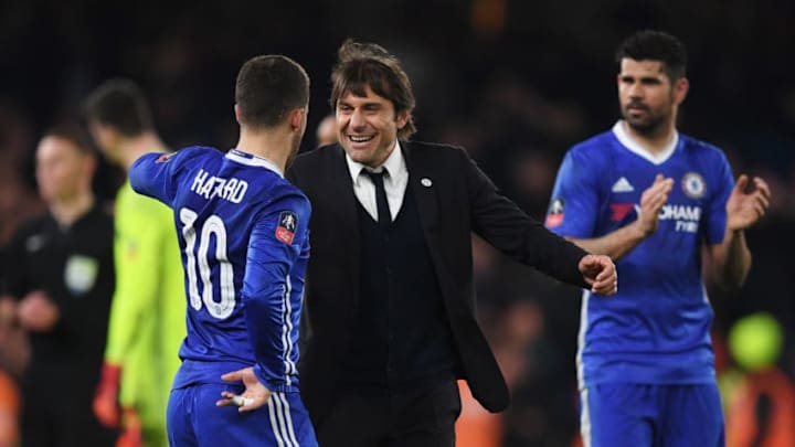 LONDON, ENGLAND - MARCH 13: Antonio Conte manager of Chelsea celebrates victory with Eden Hazard of Chelsea after The Emirates FA Cup Quarter-Final match between Chelsea and Manchester United at Stamford Bridge on March 13, 2017 in London, England. (Photo by Darren Walsh/Chelsea FC via Getty Images)