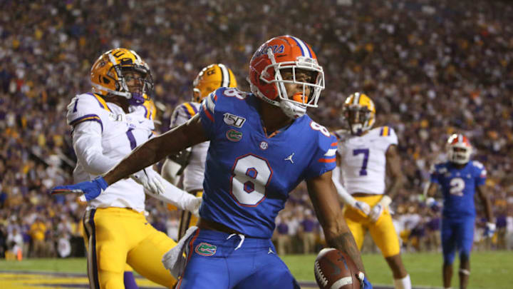 BATON ROUGE, LOUISIANA - OCTOBER 12: Trevon Grimes #8 of the Florida Gators celebrates his touchdown against the LSU Tigers at Tiger Stadium on October 12, 2019 in Baton Rouge, Louisiana. (Photo by Marianna Massey/Getty Images)