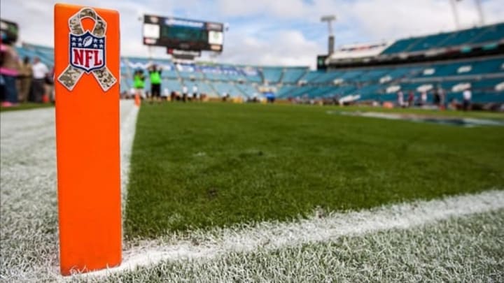 Nov 17, 2013; Jacksonville, FL, USA; A general view of the military themed NFL logo on the pile on before between the Jacksonville Jaguars and the Arizona Cardinals the game at EverBank Field. Mandatory Credit: Rob Foldy-USA TODAY Sports