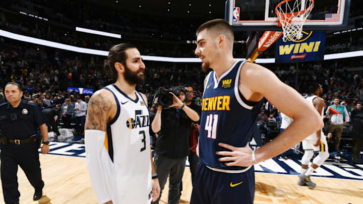 Denver Nuggets Juanho Hernangomez and Utah Jazz Ricky Rubio (Photo by Garrett Ellwood/NBAE via Getty Images)