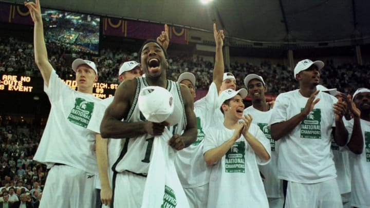 3 Apr 2000: Mateen Cleaves #12 (C) of Michigan State celebrates with his teammates after defeating Florida 89-76 to win the final round of the NCAA Men”s Final Four at the RCA Dome in Indianapolis, Indiana.