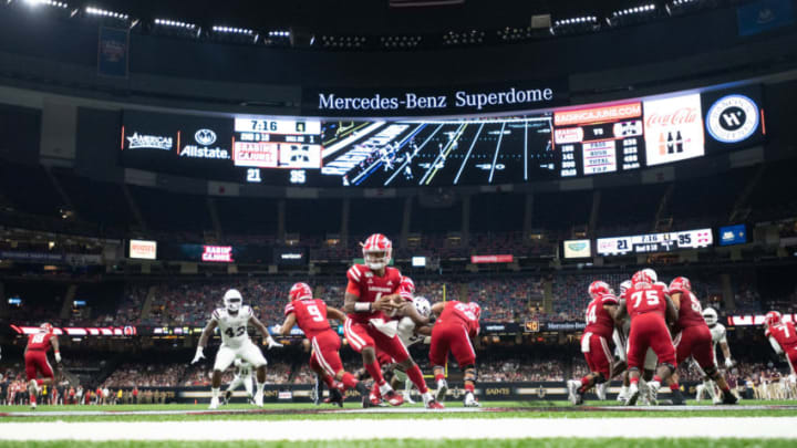 NEW ORLEANS, LA - AUGUST 31: Quarterback Levi Lewis #1 of the Louisiana-Lafayette Ragin Cajuns scrambles during the fourth quarter of their game against the Mississippi State Bulldogs at Mercedes Benz Superdome on August 31, 2019 in New Orleans, Louisiana. (Photo by Michael Chang/Getty Images)