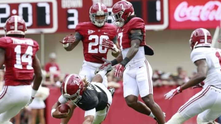 Apr 16, 2016; Tuscaloosa, AL, USA; Alabama Crimson Tide quarterback Jalen Hurts (2) dives for yardage during the annual A-day game at Bryant-Denny Stadium. Mandatory Credit: Marvin Gentry-USA TODAY Sports