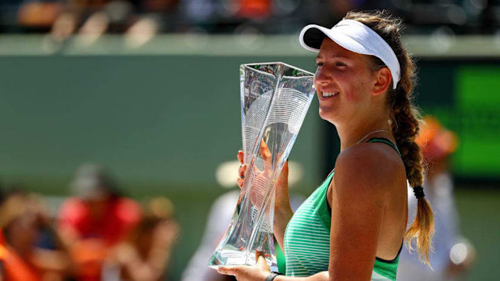 KEY BISCAYNE, FL - APRIL 02: Victoria Azarenka of Belarus poses with the Butch Buchholz Trophy after winning the Women's Final against Svetlana Kuznetsova of Russia during Day 13 of the Miami Open presented by Itau at Crandon Park Tennis Center on April 2, 2016 in Key Biscayne, Florida. (Photo by Mike Ehrmann/Getty Images)