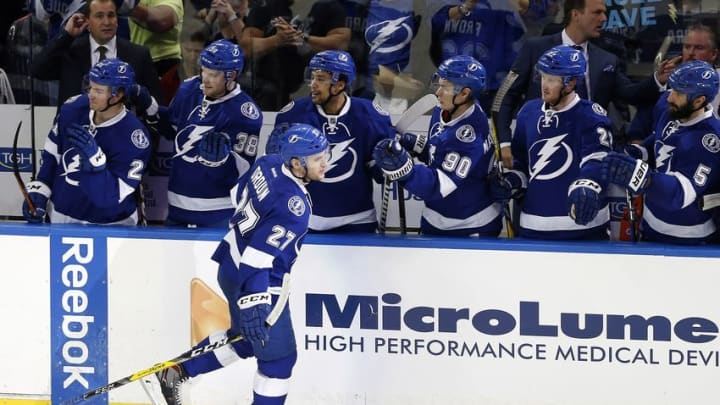 Dec 20, 2016; Tampa, FL, USA; Tampa Bay Lightning left wing Jonathan Drouin (27) is congratulated by the bench after he scored against the Detroit Red Wings during the second period at Amalie Arena. Mandatory Credit: Kim Klement-USA TODAY Sports
