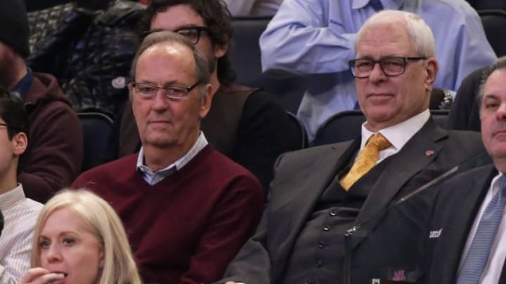 Feb 26, 2016; New York, NY, USA; New York Knicks general manager Phil Jackson looks on with former New York Knick Bill Bradley, left, during the second half against the Orlando Magic at Madison Square Garden. The Knicks defeated the Magic 108-95. Mandatory Credit: Adam Hunger-USA TODAY Sports