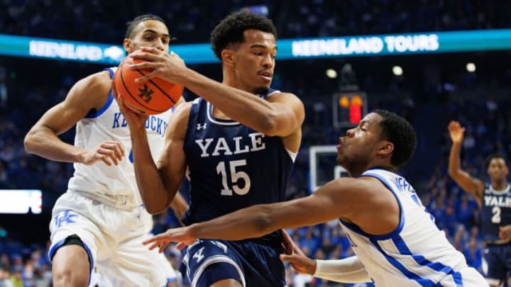 Dec 10, 2022; Lexington, Kentucky, USA; Yale Bulldogs forward EJ Jarvis (15) handles the ball during the first half against the Kentucky Wildcats at Rupp Arena at Central Bank Center. Mandatory Credit: Jordan Prather-USA TODAY Sports