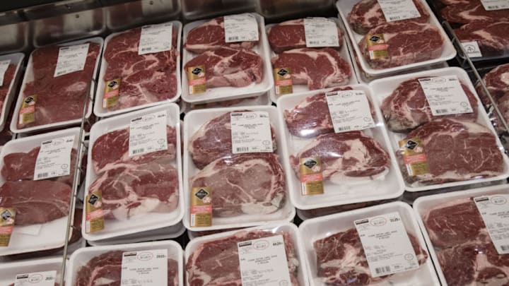 Sealed trays of Charolais beef sit in a refrigerated cabinet inside a Costco Wholesale Corp. store in Villebon-sur-Yvette, France, on Friday, Nov. 3, 2017. About an hour south of Paris, a uniquely American import has opened for business. Photographer: Marlene Awaad/Bloomberg via Getty Images