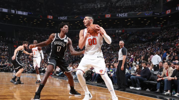 BROOKLYN, NY - OCTOBER 19: Enes Kanter #00 of the New York Knicks handles the ball against the Brooklyn Nets on October 19, 2018 at Barclays Center in Brooklyn, New York. NOTE TO USER: User expressly acknowledges and agrees that, by downloading and or using this Photograph, user is consenting to the terms and conditions of the Getty Images License Agreement. Mandatory Copyright Notice: Copyright 2018 NBAE (Photo by Nathaniel S. Butler/NBAE via Getty Images)