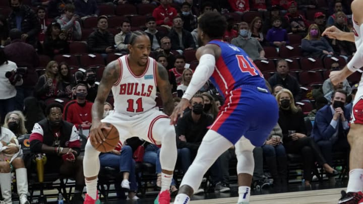 Chicago Bulls forward DeMar DeRozan (11) looks to drive on Detroit Pistons forward Saddiq Bey Credit: David Banks-USA TODAY Sports