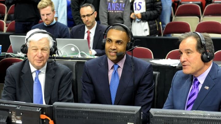 Mar 19, 2016; Des Moines, IA, USA; CBS announcers Bill Raftery, Grant Hill and Jim Nantz after the game between the Kansas Jayhawks and the Connecticut Huskies during the second round of the 2016 NCAA Tournament at Wells Fargo Arena. Mandatory Credit: Steven Branscombe-USA TODAY Sports