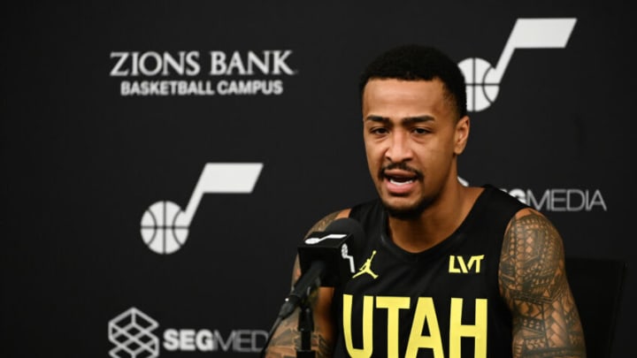 SALT LAKE CITY, UTAH - OCTOBER 02: John Collins #20 of the Utah Jazz speaks during the Utah Jazz Media Day at Zions Bank Basketball Campus on October 02, 2023 in Salt Lake City, Utah. NOTE TO USER: User expressly acknowledges and agrees that, by downloading and or using this photograph, User is consenting to the terms and conditions of the Getty Images License Agreement. (Photo by Alex Goodlett/Getty Images)