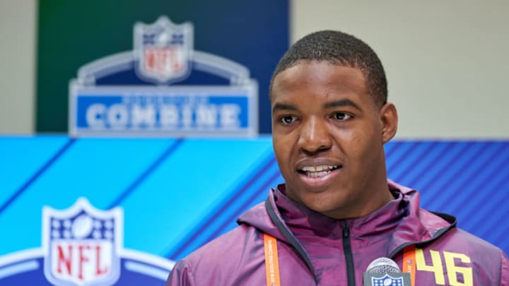 INDIANAPOLIS, IN - MARCH 03: Mississippi defensive lineman Breeland Speaks answers questions from the media during the NFL Scouting Combine on March 03, 2018 at Lucas Oil Stadium in Indianapolis, IN. (Photo by Robin Alam/Icon Sportswire via Getty Images)