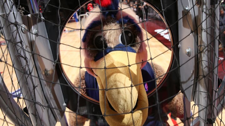 TORONTO, ON - FEBRUARY 13: Pierre the Pelican, the mascot of the New Orleans Pelicans during the Taco Bell Skills Challenge as part of NBA All-Star 2016 on February 13, 2016 at Air Canada Centre in Toronto, Ontario Canada. NOTE TO USER: User expressly acknowledges and agrees that, by downloading and/or using this photograph, user is consenting to the terms and conditions of the Getty Images License Agreement. Mandatory Copyright Notice: Copyright 2016 NBAE (Photo by Joe Murphy/NBAE via Getty Images)