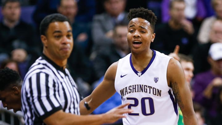 Jan 4, 2017; Seattle, WA, USA; Washington Huskies guard Markelle Fultz (20) reacts to a foul call against the Oregon Ducks during the second half at Alaska Airlines Arena at Hec Edmundson Pavilion. Oregon defeated Washington, 83-61. Mandatory Credit: Joe Nicholson-USA TODAY Sports