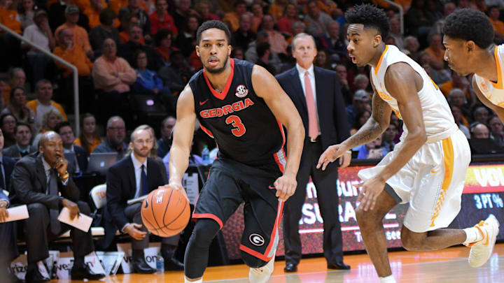 Feb 11, 2017; Knoxville, TN, USA; Georgia Bulldogs guard Juwan Parker (3) dribbles the ball against the Tennessee Volunteers during the first half at Thompson-Boling Arena. Mandatory Credit: Randy Sartin-USA TODAY Sports