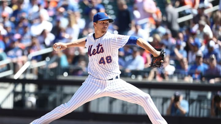 NEW YORK, NY - AUGUST 23: Jacob deGrom #48 of the New York Mets pitches against the San Francisco Giants during their game at Citi Field on August 23, 2018 in New York City. (Photo by Al Bello/Getty Images)