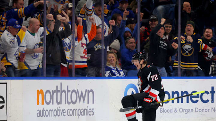 Mar 4, 2023; Buffalo, New York, USA; Buffalo Sabres center Tage Thompson (72) reacts after scoring a goal during the first period against the Tampa Bay Lightning at KeyBank Center. Mandatory Credit: Timothy T. Ludwig-USA TODAY Sports