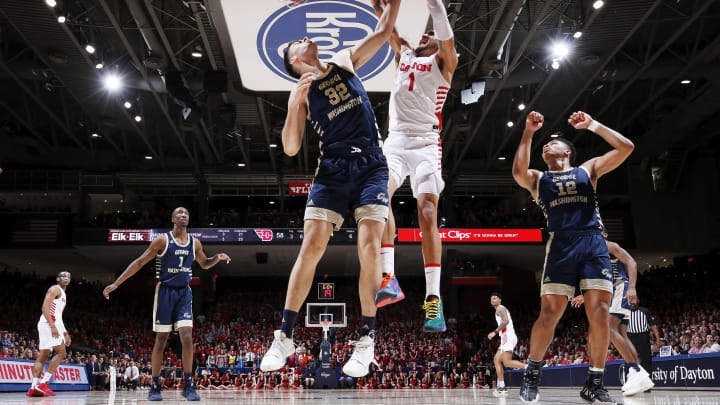 DAYTON, OH – MARCH 07: Obi Toppin #1 of the Dayton Flyers dunks over Javier Langarica #32 of the George Washington Colonials in the second half of a game at UD Arena on March 7, 2020 in Dayton, Ohio. Dayton defeated George Washington 76-51. (Photo by Joe Robbins/Getty Images)
