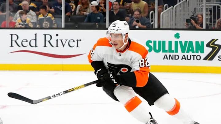 BOSTON, MA - SEPTEMBER 23: Philadelphia Flyers center Connor Bunnaman (82) forechecks during a preseason game between the Boston Bruins and the Philadelphia Flyers on September 23, 2019, at TD Garden in Boston, Massachusetts. (Photo by Fred Kfoury III/Icon Sportswire via Getty Images)