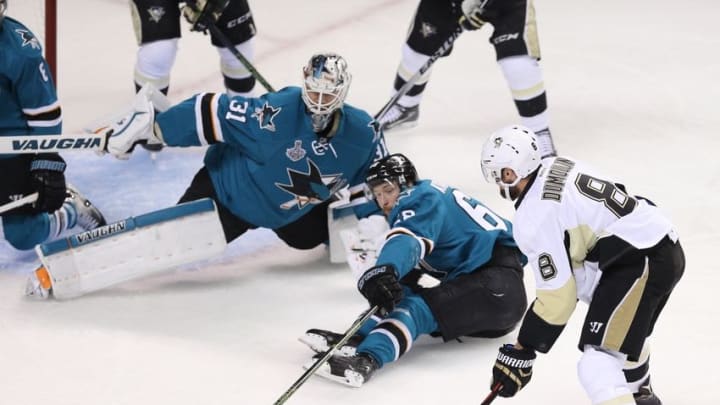 Jun 6, 2016; San Jose, CA, USA; San Jose Sharks goalie Martin Jones (31) and Sharks right wing Melker Karlsson (68) look to block a shot by Pittsburgh Penguins defenseman Brian Dumoulin (8) in the first period in game four of the 2016 Stanley Cup Final at SAP Center at San Jose. Mandatory Credit: John Hefti-USA TODAY Sports