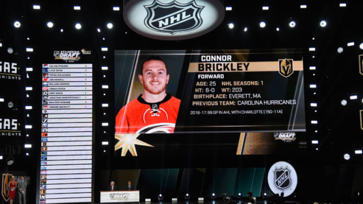 LAS VEGAS, NV - JUNE 21: Connor Brickley is selected by the Las Vegas Golden Knights during the 2017 NHL Awards and Expansion Draft at T-Mobile Arena on June 21, 2017 in Las Vegas, Nevada. (Photo by Ethan Miller/Getty Images)