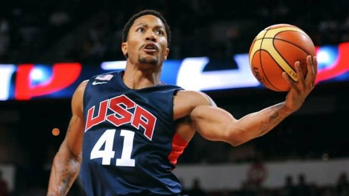 Aug 1, 2014; Las Vegas, NV, USA; USA Team Blue guard Derrick Rose (41) shoots the ball during the USA Basketball Showcase at Thomas & Mack Center. Mandatory Credit: Stephen R. Sylvanie-USA TODAY Sports