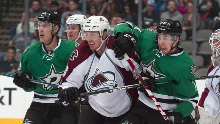 Oct 5, 2016; Dallas, TX, USA; Colorado Avalanche defenseman Patrick Wiercioch (28) defends against Dallas Stars left wing Curtis McKenzie (11) during the second period at the American Airlines Center. Mandatory Credit: Jerome Miron-USA TODAY Sports