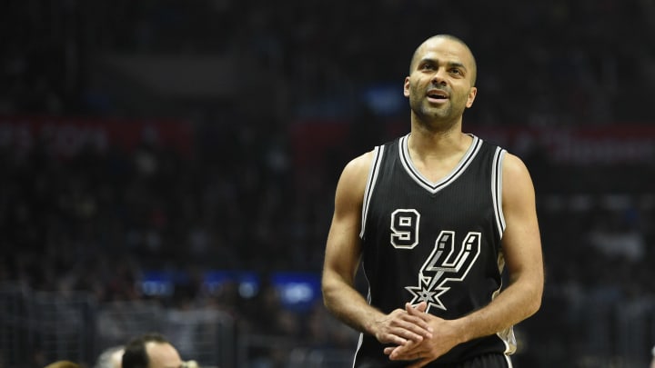 Feb 24, 2017; Los Angeles, CA, USA; San Antonio Spurs guard Tony Parker (9) reacts against the Los Angeles Clippers during the first quarter at Staples Center. Mandatory Credit: Kelvin Kuo-USA TODAY Sports