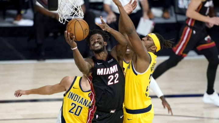 Jimmy Butler #22 of the Miami Heat shoots as Myles Turner #33 of the Indiana Pacers defends in the second half in Game Two. (Photo by Ashley Landis-Pool/Getty Images)
