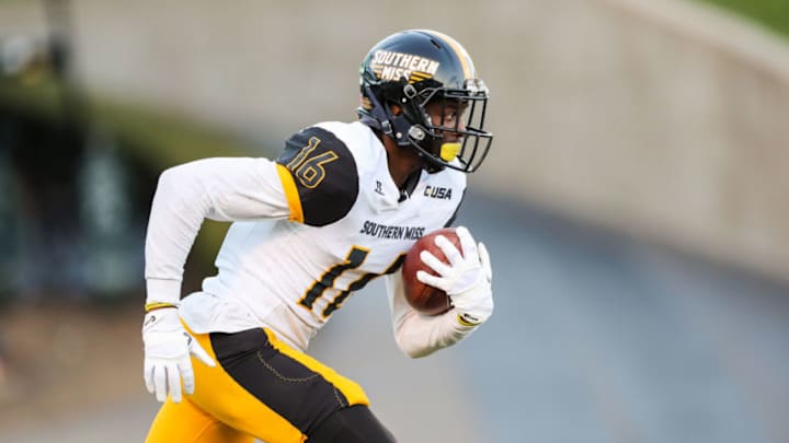 Nov 25, 2017; Huntington, WV, USA; Southern Miss Golden Eagles wide receiver Quez Watkins (16) returns a kickoff during the third quarter against the Marshall Thundering Herd at Joan C. Edwards Stadium. Mandatory Credit: Ben Queen-USA TODAY Sports