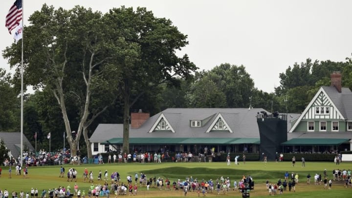Jun 17, 2016; Oakmont, PA, USA; A general view of the clubhouse during the continuation of the first round of the U.S. Open golf tournament at Oakmont Country Club. Mandatory Credit: John David Mercer-USA TODAY Sports