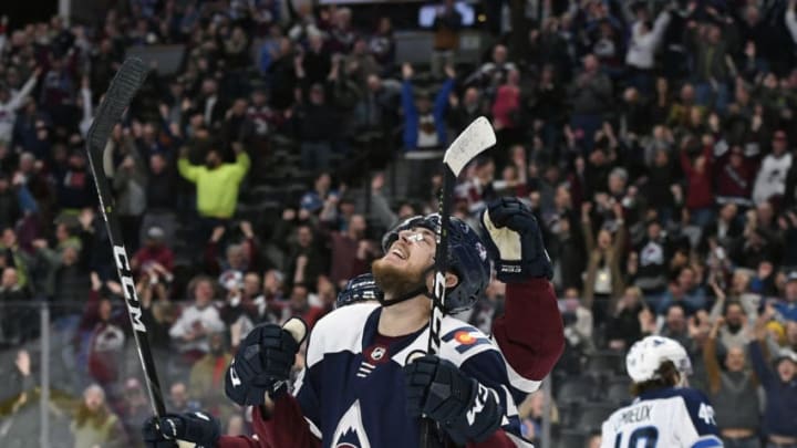 DENVER, CO - FEBRUARY 20: Colorado Avalanche forward A.J. Greer looks to the sky as he celebrates his third period goal during their game against the Winnipeg Jets at the Pepsi Center on February 20, 2019 in Denver, Colorado. The Avs beat the Jets 7-1. (Photo by Helen H. Richardson/MediaNews Group/The Denver Post via Getty Images)