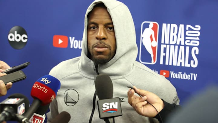 OAKLAND, CA - JUNE 12: Andre Iguodala #9 of the Golden State Warriors speaks to the media during practice and media availability as part of the 2019 NBA Finals on June 12, 2019 at ORACLE Arena in Oakland, California. NOTE TO USER: User expressly acknowledges and agrees that, by downloading and or using this photograph, User is consenting to the terms and conditions of the Getty Images License Agreement. Mandatory Copyright Notice: Copyright 2019 NBAE (Photo by Nathaniel S. Butler/NBAE via Getty Images) OAKLAND, CA - JUNE 12: Andre Iguodala #9 of the Golden State Warriors speaks to the media during practice and media availability as part of the 2019 NBA Finals on June 12, 2019 at ORACLE Arena in Oakland, California. NOTE TO USER: User expressly acknowledges and agrees that, by downloading and or using this photograph, User is consenting to the terms and conditions of the Getty Images License Agreement. Mandatory Copyright Notice: Copyright 2019 NBAE (Photo by Nathaniel S. Butler/NBAE via Getty Images)