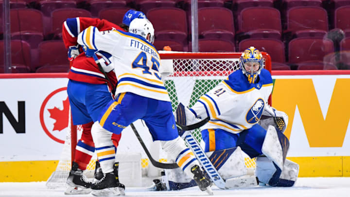 MONTREAL, QC - FEBRUARY 13: Craig Anderson #41 of the Buffalo Sabres tends net during the third period against the Montreal Canadiens at Centre Bell on February 13, 2022 in Montreal, Canada. The Buffalo Sabres defeated the Montreal Canadiens 5-3. (Photo by Minas Panagiotakis/Getty Images)