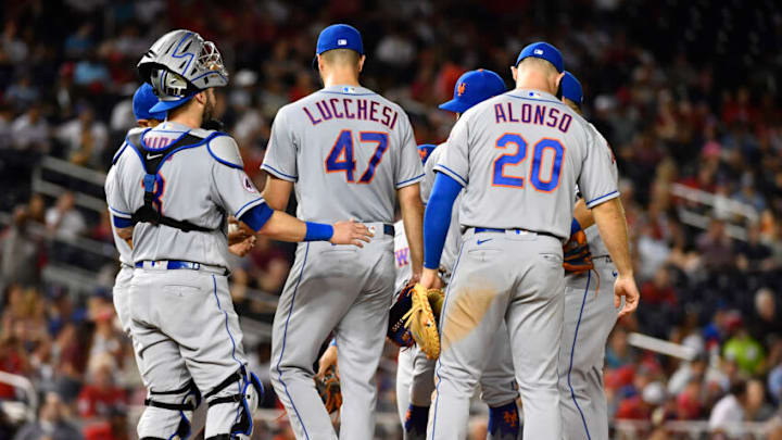 Jun 18, 2021; Washington, District of Columbia, USA; New York Mets starting pitcher Joey Lucchesi (47) is removed from the game during the eighth inning at Nationals Park. Mandatory Credit: Brad Mills-USA TODAY Sports