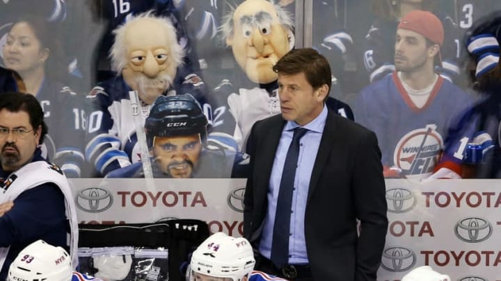 Mar 31, 2015; Winnipeg, Manitoba, CAN; New York Rangers assistant coach Ulf Samuelsson reacts during the first period against the Winnipeg Jets at MTS Centre. Mandatory Credit: Bruce Fedyck-USA TODAY Sports