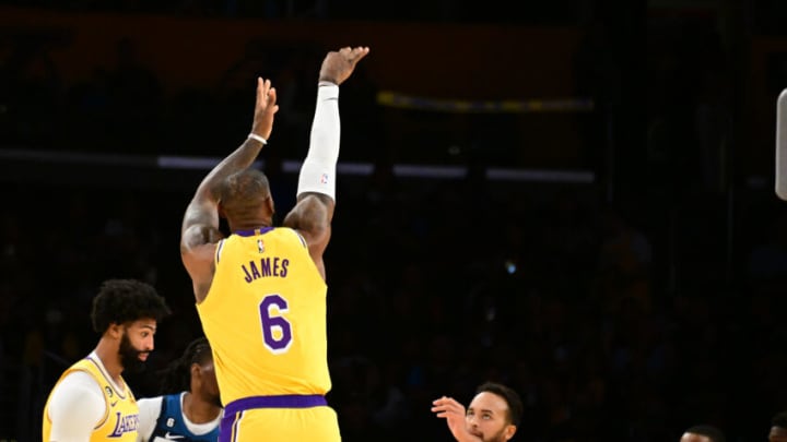 Oct 12, 2022; Los Angeles, California, USA; Los Angeles Lakers forward LeBron James (6) shoots the ball during the first half against the Minnesota Timberwolves at Crypto.com Arena. Mandatory Credit: Richard Mackson-USA TODAY Sports