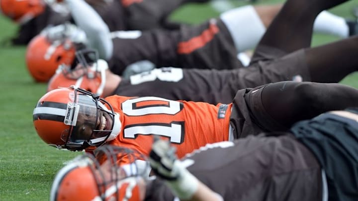 Jun 7, 2016; Berea, OH, USA; Cleveland Browns quarterback Robert Griffin III (10) stretches during minicamp at the Cleveland Browns training facility. Mandatory Credit: Ken Blaze-USA TODAY Sports