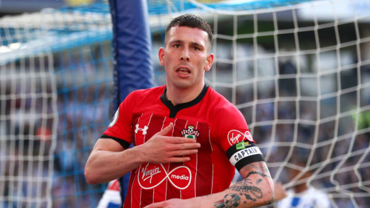 BRIGHTON, ENGLAND – MARCH 30: Pierre-Emile Hojbjerg of Southampton celebrates after scoring his team’s first goal during the Premier League match between Brighton & Hove Albion and Southampton FC at American Express Community Stadium on March 30, 2019 in Brighton, United Kingdom. (Photo by Dan Istitene/Getty Images)