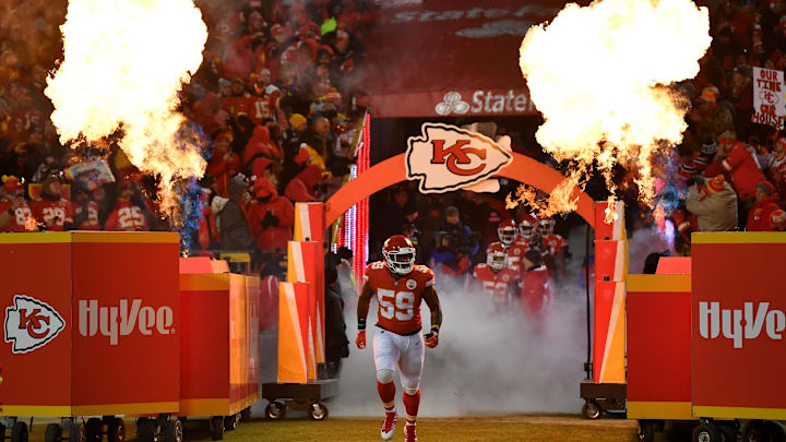 KANSAS CITY, MISSOURI – JANUARY 20: Reggie Ragland #59 of the Kansas City Chiefs runs onto the field prior to the AFC Championship Game against the New England Patriots at Arrowhead Stadium on January 20, 2019 in Kansas City, Missouri. (Photo by Peter Aiken/Getty Images)